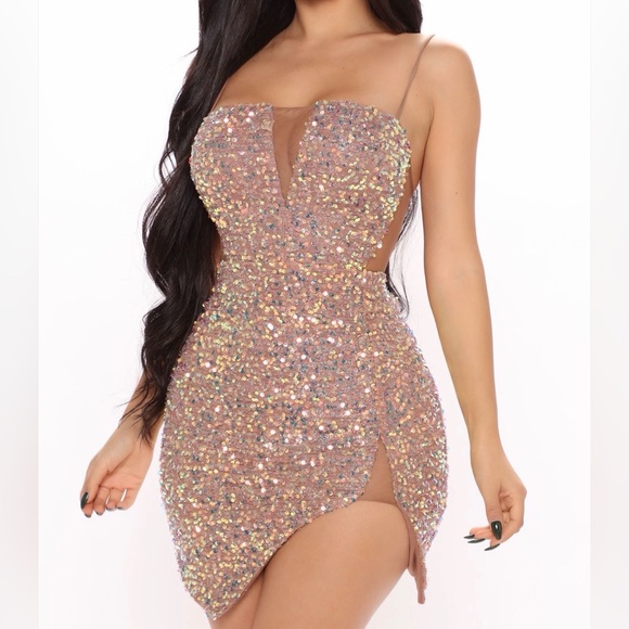 Sequin Mini Dress with Thigh Split and Mesh Detail - Picture 1 of 6